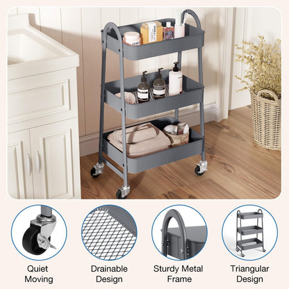 OLIXIS Carrito de Almacenamiento móvil de 3 Niveles, Carro de Almacenamiento móvil de Metal con Ruedas bloqueables, Estante de Almacenamiento Organizador para Sala de Estar, baño, Cocina y Lugares
