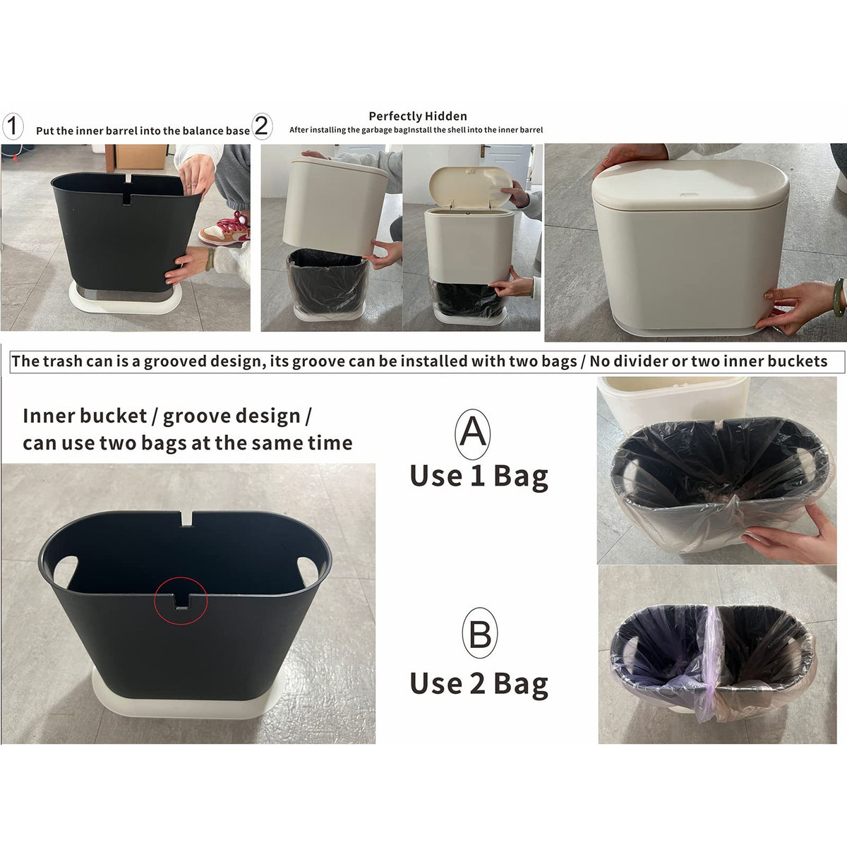 Cq acrylic 12 Liter Rectangular Plastic Trash Can Wastebasket with Press Type Lid,3.17 Gallon Dog Proof Garbage Container Bin for Bathroom,Powder Room,Bedroom,Kitchen,Craft Room,Office (Black)