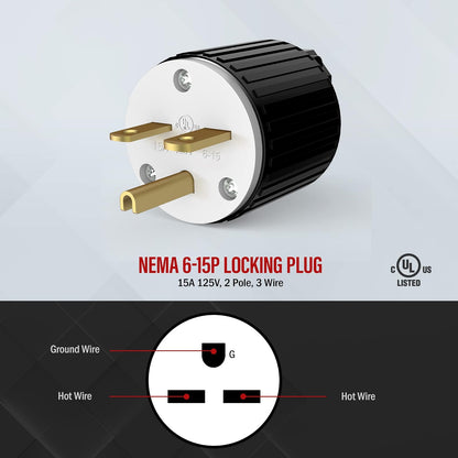 ENERLITES NEMA 6-15P Plug, 15A 250V, negro | Conexión a tierra de 2 polos y 3 cables, grado industrial, certificación UL