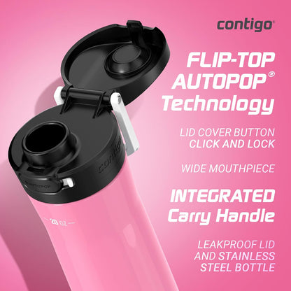 Contigo Botella de Agua Acero Inoxidable 590 ML Rosado Antiderrames Jackson Chill 2.0 con Asa Boquilla Cubierta