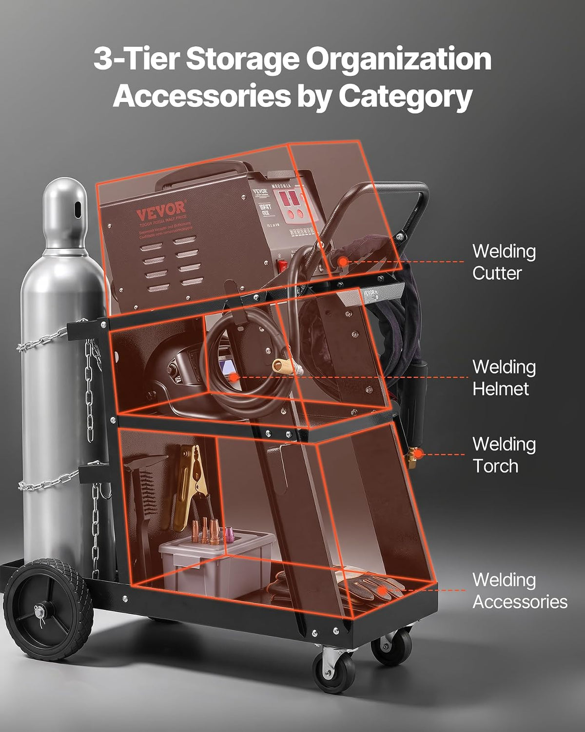 VEVOR - Carrito de soldadura de 3 niveles, resistente con capacidad de peso estático de 400 libras, ruedas giratorias de 360°, cadenas de seguridad de almacenamiento de tanques, carrito de soldadura MIG rodante para máquina de soldadura TIG, ARC, MMA
