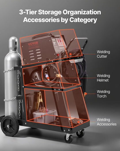 VEVOR - Carrito de soldadura de 3 niveles, resistente con capacidad de peso estático de 400 libras, ruedas giratorias de 360°, cadenas de seguridad de almacenamiento de tanques, carrito de soldadura MIG rodante para máquina de soldadura TIG, ARC, MMA