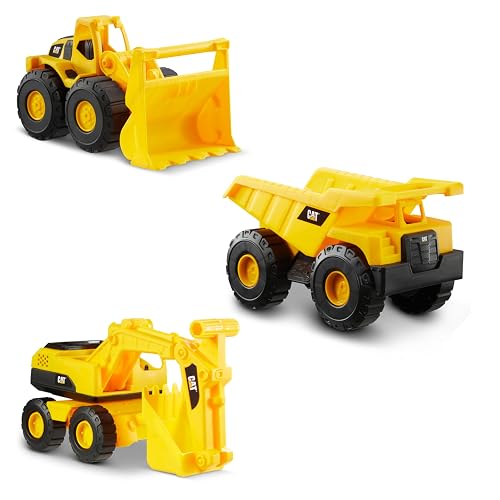 Cat - Juguetes de construcción de 3 Unidades, Paquete de 3 Unidades, 7 Pulgadas, Juguetes Amarillos para vehículos de construcción, Incluye camión volquete, Cargador de Ruedas y Excavadora para niños