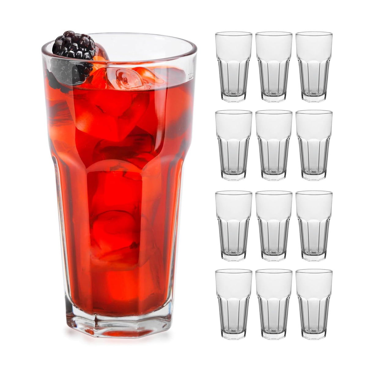 Libbey Juego de 12 vasos altos de vidrio Gibraltar, 473 ml | Capacidad de 16 onzas para agua, jugo, refrescos, cócteles y más con lados facetados y limpieza segura para lavaplatos