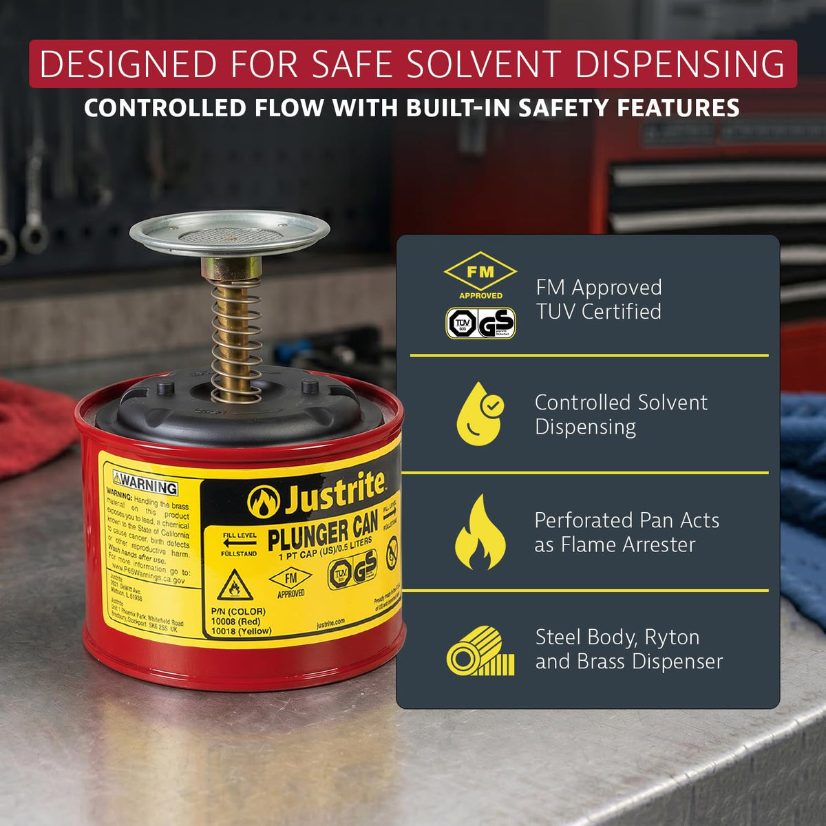 Justrite - Lata de émbolo para disolventes, capacidad de 1 pinta, 5.25 x 4.95 pulgadas, dispensador de solvente push-down de acero, fabricado en los Estados Unidos, herramientas mecánicas