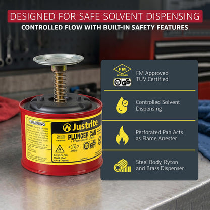 Justrite - Lata de émbolo para disolventes, capacidad de 1 pinta, 5.25 x 4.95 pulgadas, dispensador de solvente push-down de acero, fabricado en los Estados Unidos, herramientas mecánicas