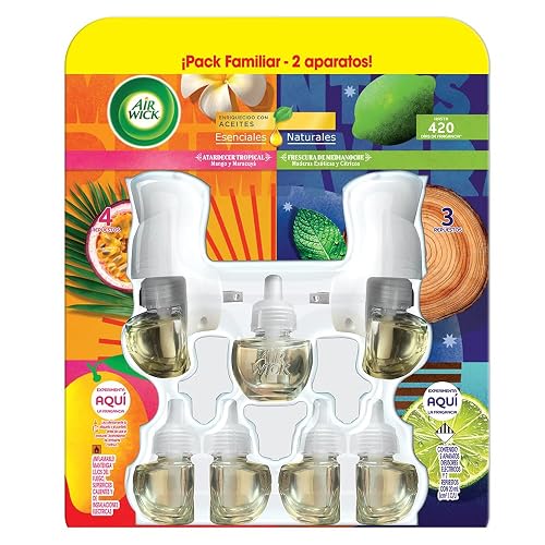 Air Wick Aromatizante de Ambiente Continuo, Mango y Maracuyá + Maderas y Cítricos, 2 difusores eléctricos + 7 repuestos de 25 ml c/u