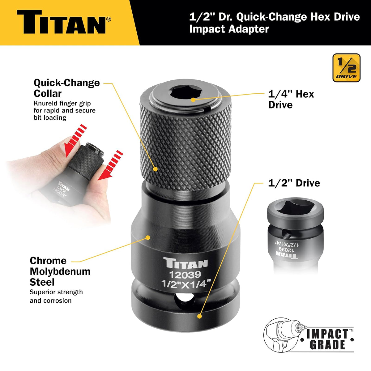 Titan 12039 Adaptador de cambio rápido de unidad hexagonal de 1/2 pulgada a 1/4 pulgadas