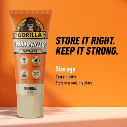 Gorilla - Relleno de madera multiusos, color natural, tubo de 6 onzas | Fórmula resistente al agua, acabado suave y lijable, pintable, ideal para reparaciones en interiores o exteriores