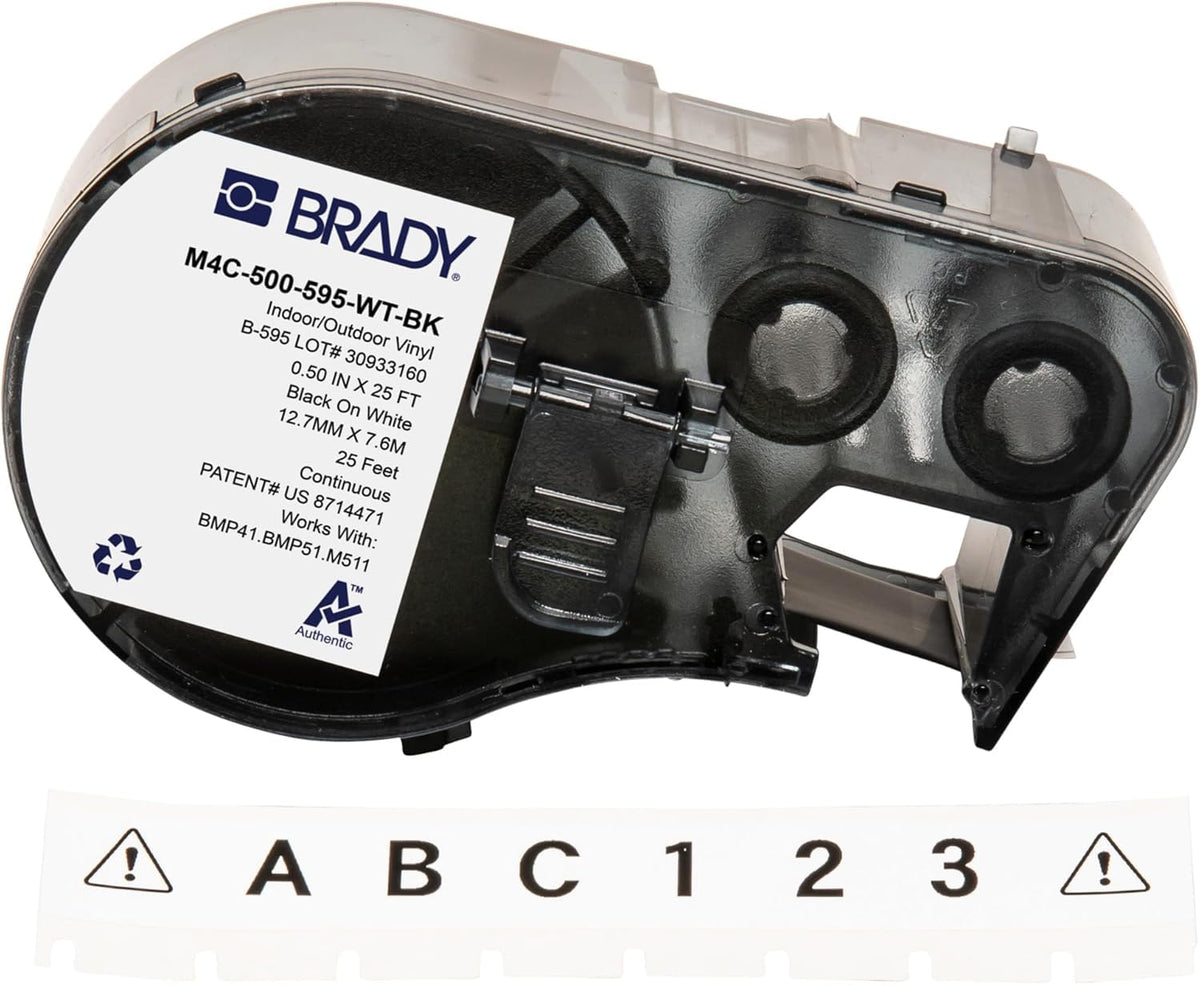 Brady Authentic (M4C-500-595-WT-BK) Etiquetas de vinilo para todo tipo de clima, 0.5 pulgadas de ancho x 25 pies, negro sobre blanco. Para uso con impresoras de etiquetas BMP41, BMP51, M410, M510 y