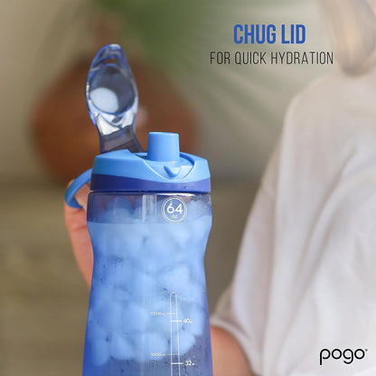 Pogo - Botella de agua de plástico de 64 onzas con tapa a prueba de fugas y asa de transporte, reutilizable, sin BPA, marcas de capacidad, apta para lavaplatos, perfecta para viajes, escuela, al aire