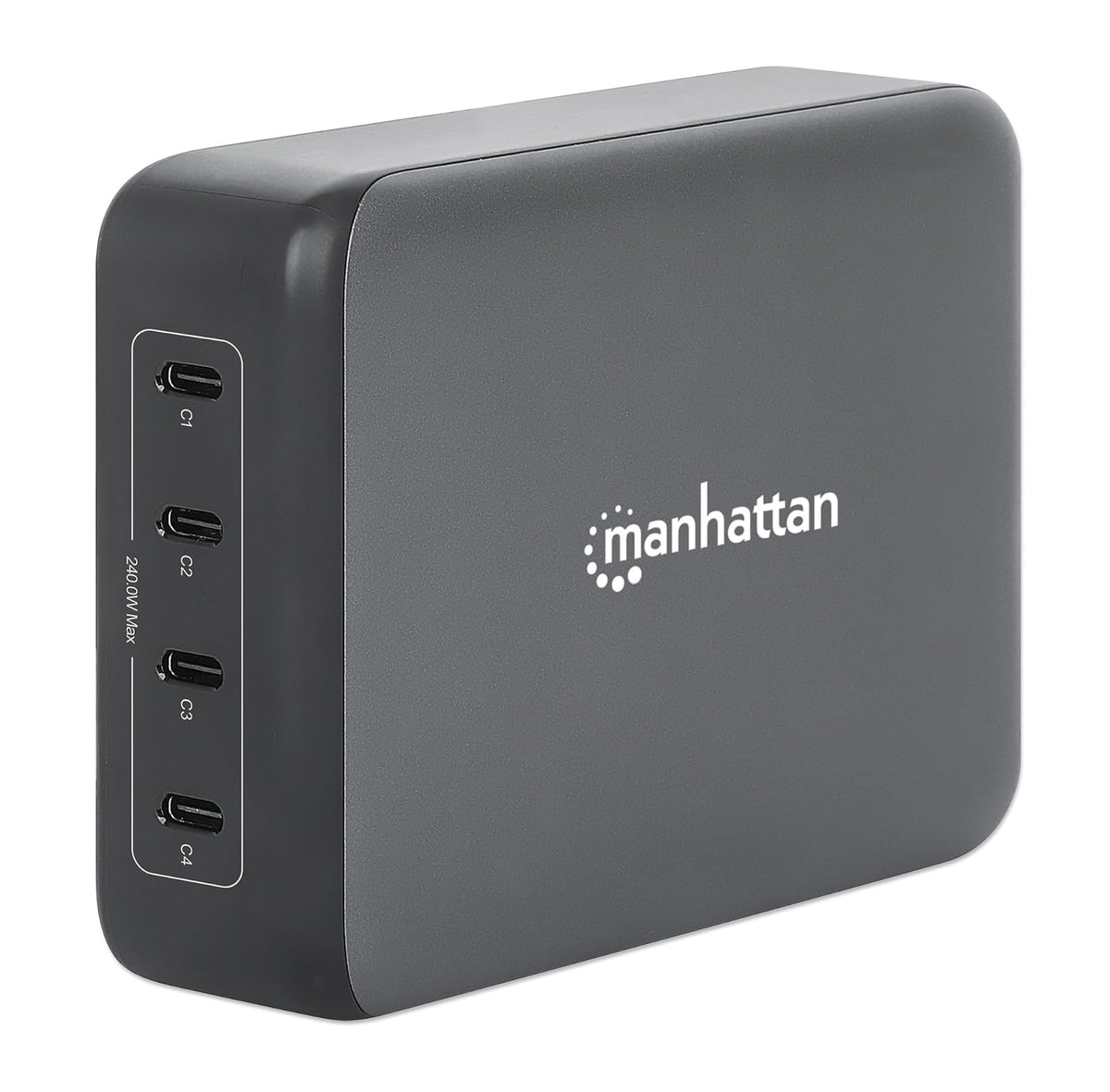Manhattan 102667 Estación de Carga PD 4 Puertos USB-C 240 W Power Delivery 3.1 GAN, hasta 140 W por Puerto, Carga Rápida Inteligente, Compacta y Segura, Compatible Laptops, Teléfonos y Tablets.