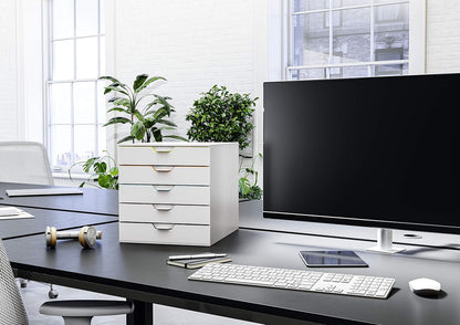 Durable 762527 - Cajonera (A4, varios colores), 5 Fächer | Plástico ABS estable, para formatos A4 y C4, cajones apilables con tope de extracción, 280x292x356 mm, Made in Germany