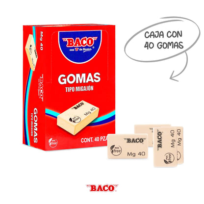 Baco | Goma Migajón MG-40 - Caja con 40 Gomas de Borrar, No Tóxico Libre de PVC, Evita Rupturas y Maltratos (40 Gomas)