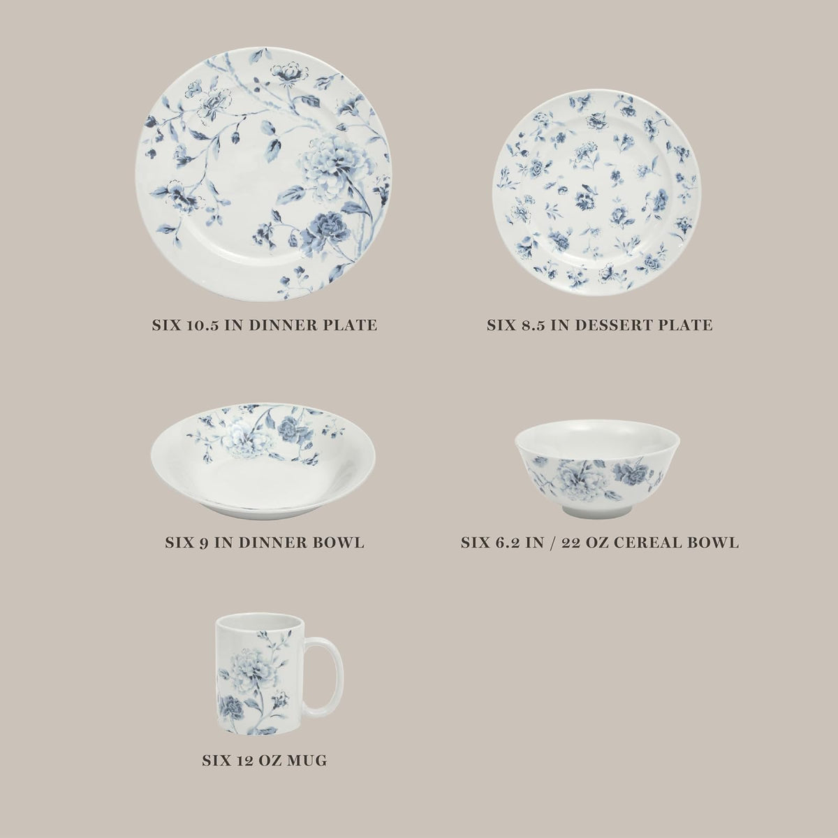 Martha Stewart Empress Bouquet - Juego de platos y cuencos de porcelana decorados - Floral azul, servicio para 6 (30 piezas)