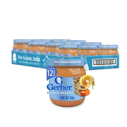 Gerber Papilla Zanahoria, Res y Pasta, Etapa 4, Pack de 12 Frascos de 250g c/u