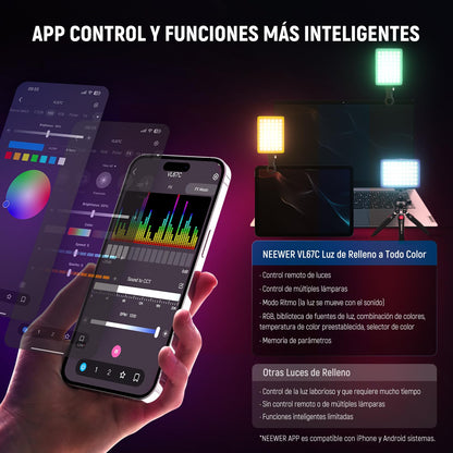 NEEWER VL67C RGB Luz Selfie con App Control, 94 LED CRI97 2000mAh Recargable, Cold Shoe Mount como Panel de Iluminación, Clip Portátil Delantero y Trasero Móvil para TikTok, Foco de Videoconferencia