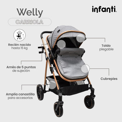Infanti - Carriola para Bebé WELLY - Tavel System De 0 Meses a 3 Años, Hasta 15 kg - Convertible a Bambineto - Sistema de viaje -Color Gris