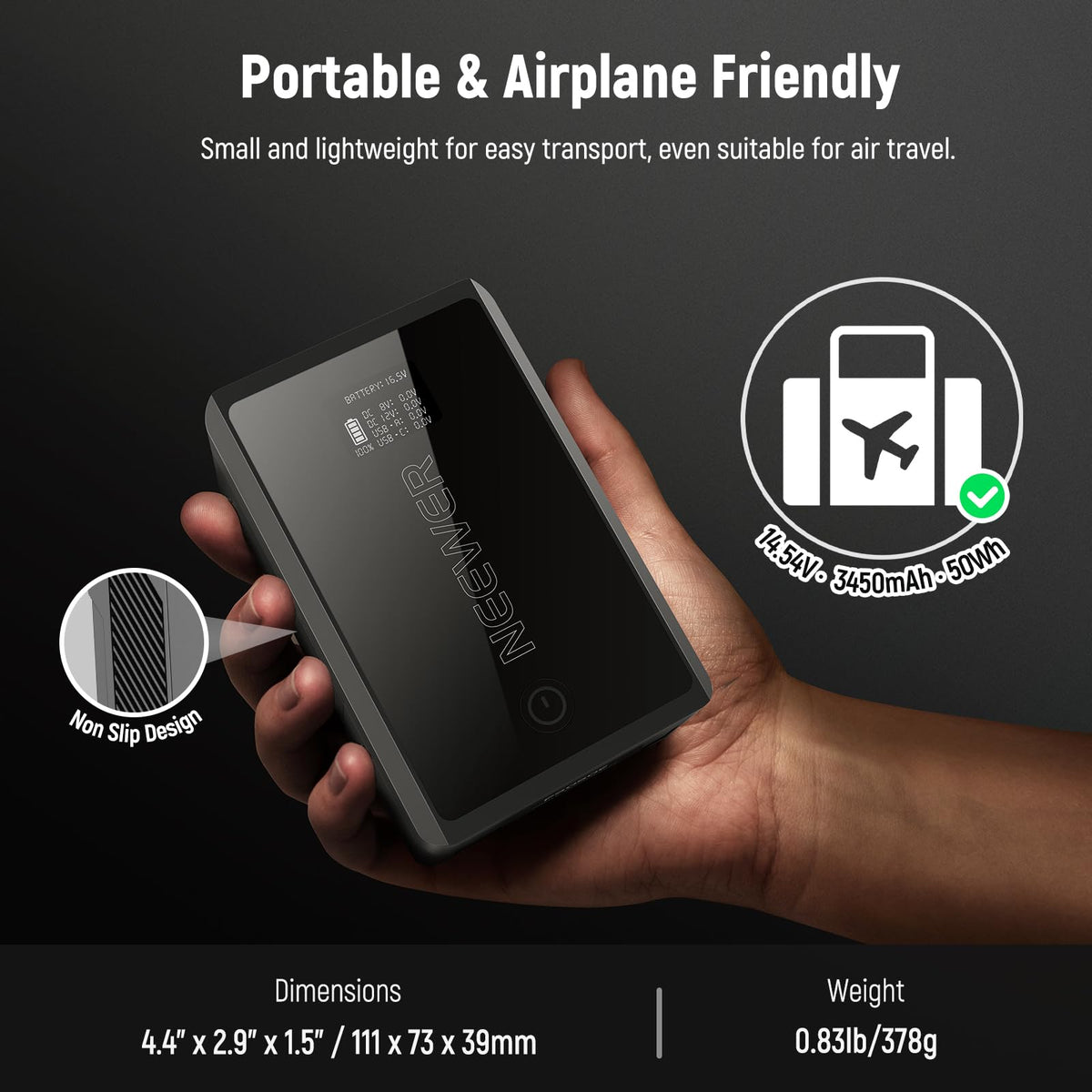 NEEWER Mini V Mount Battery con D Tap/USB C/USB A/BP/Puertos DC Dobles/Pantalla OLED, 3450mAh 50Wh 14.54V V V Lock Batería Soporta 45W PD Carga Rápida para Monitor de Cámara Luz de Video, PS050E