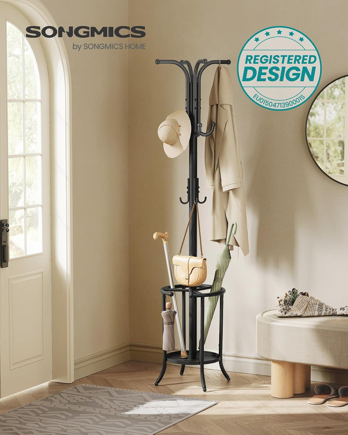 SONGMICS Perchero de Pie con 12 Ganchos y Porta Paraguas, Soporte Ajustable para Sala, Recámara y Pasillo, 30x30x175.5 cm MRCR011B01
