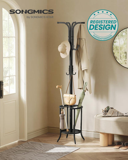 SONGMICS Perchero de Pie con 12 Ganchos y Porta Paraguas, Soporte Ajustable para Sala, Recámara y Pasillo, 30x30x175.5 cm MRCR011B01