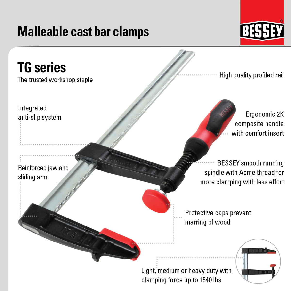 BESSEY TG7.016+2K Abrazadera, carpintería, estilo F, mango 2K, almohadillas para orejas reemplazables, 7 pulgadas x 16 pulgadas, 1220 libras