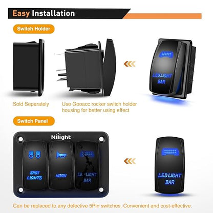 Nilight Conmutador Panel de Interruptores de 2 Bandas de Aluminio 12/24V 5 Pines para Barco/Automóvil/ATV/UTV, Azul, 90104B