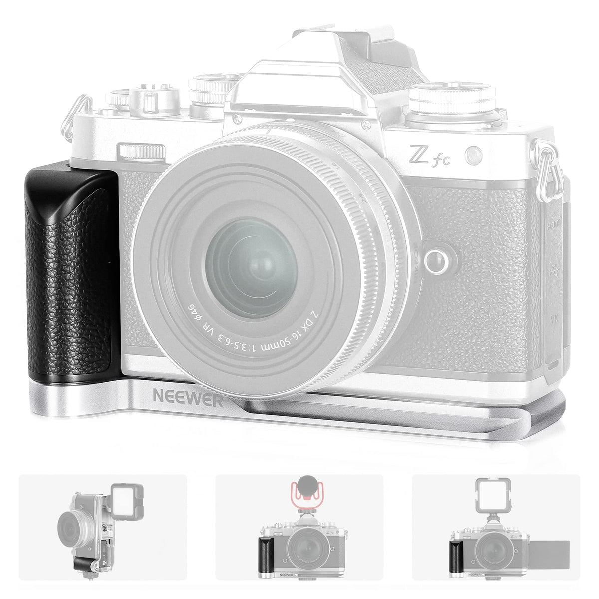 NEEWER L-Shape Grip para Nikon Z FC, Empuñadura en Forma de L de Aleación de Aluminio con Mango de Cuero Retro, 1/4" Rosca, Zapata Fría y Cola de Milano Arca, Compatible con Nikon Z FC(VS108)