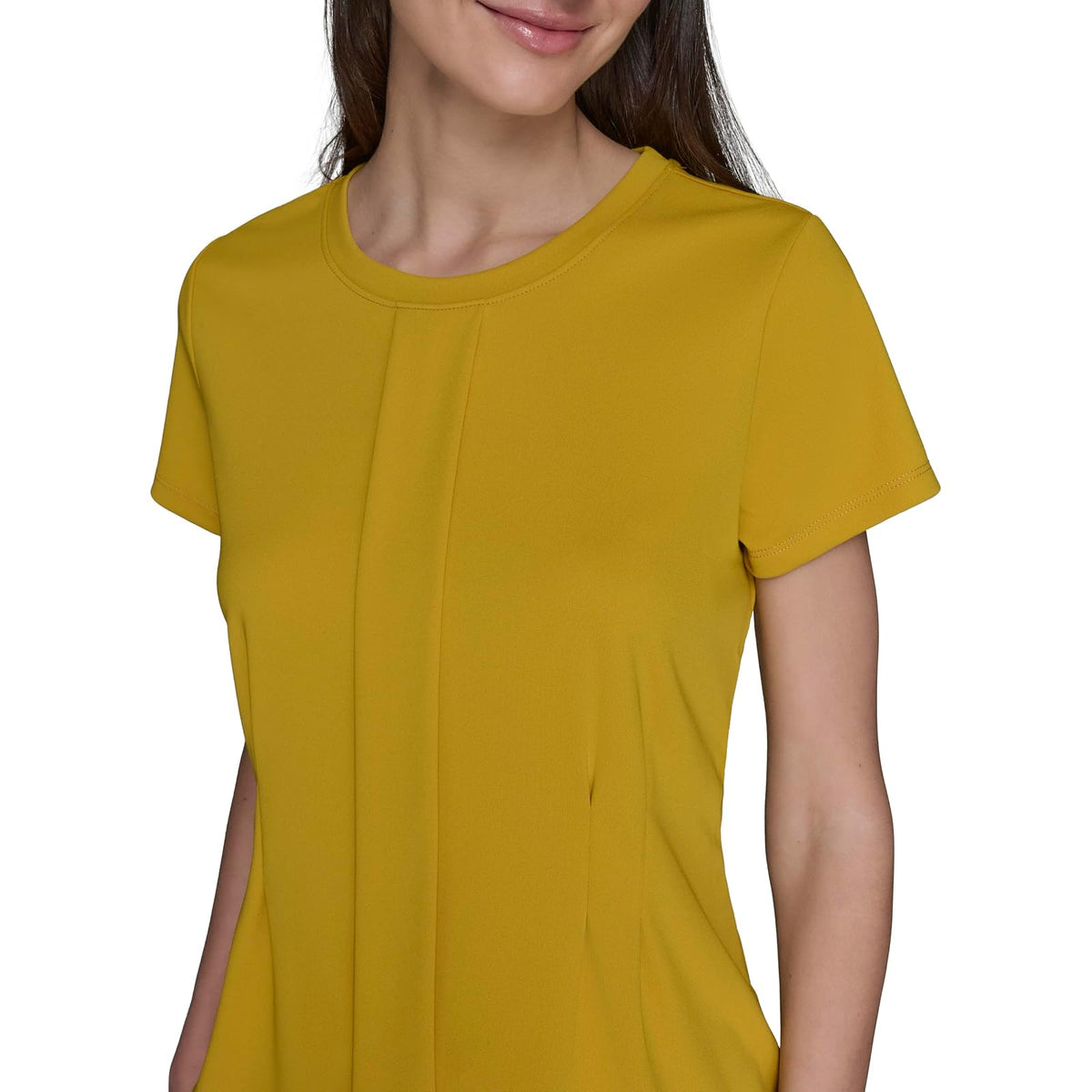 Karl Lagerfeld - Blusa Peplum de Manga Corta con Cuello Redondo y Plisado para Mujer, Dorado (Gold Flake)