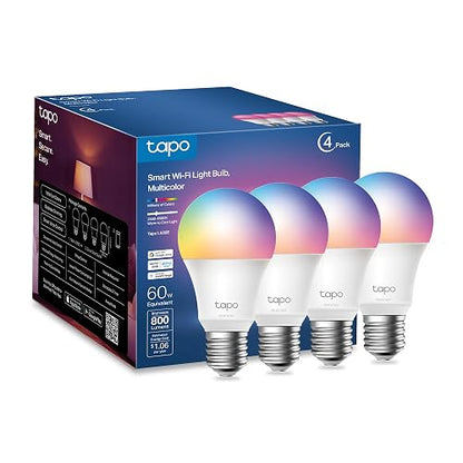 TP-Link Tapo L530E(4-Pack), Focos Inteligentes Wi-Fi, Multicolor, E26, 806 lumens, Regulables, Control Remoto de APP y Control de Voz, Compatibles con Alexa y Google Home, No requiere concentrador