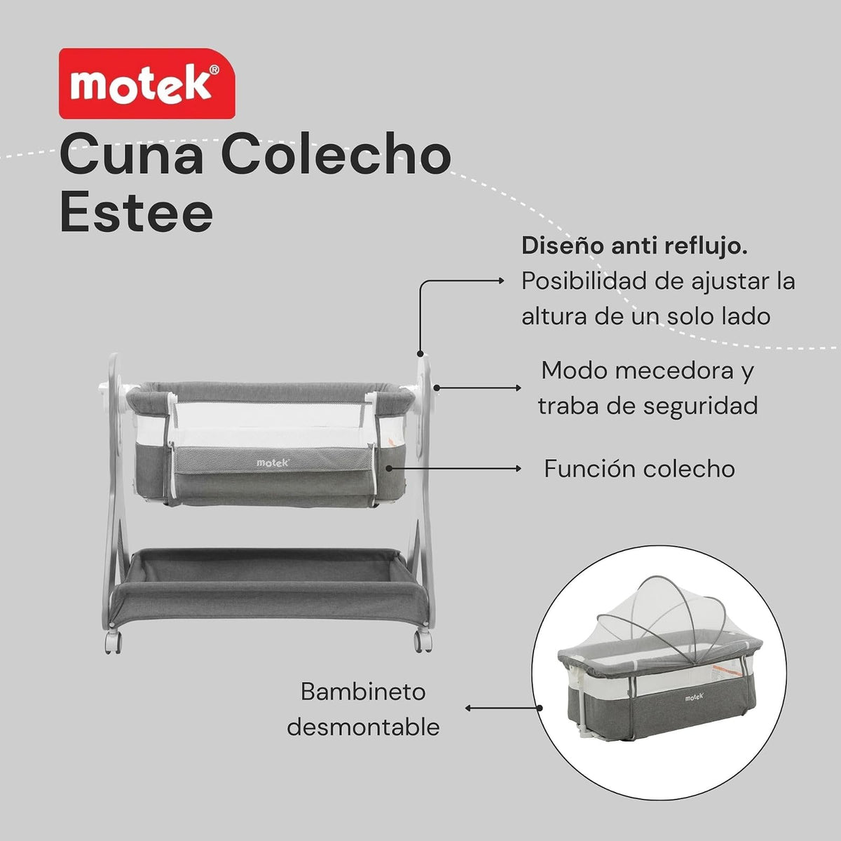 Cuna Colecho Motek Estee Bebe Mecedora Mosquitero Deluxe