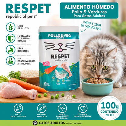 RESPET Alimento Húmedo para Gatos Pollo y Vegetales Sin Gluten 21 Sobres 100g