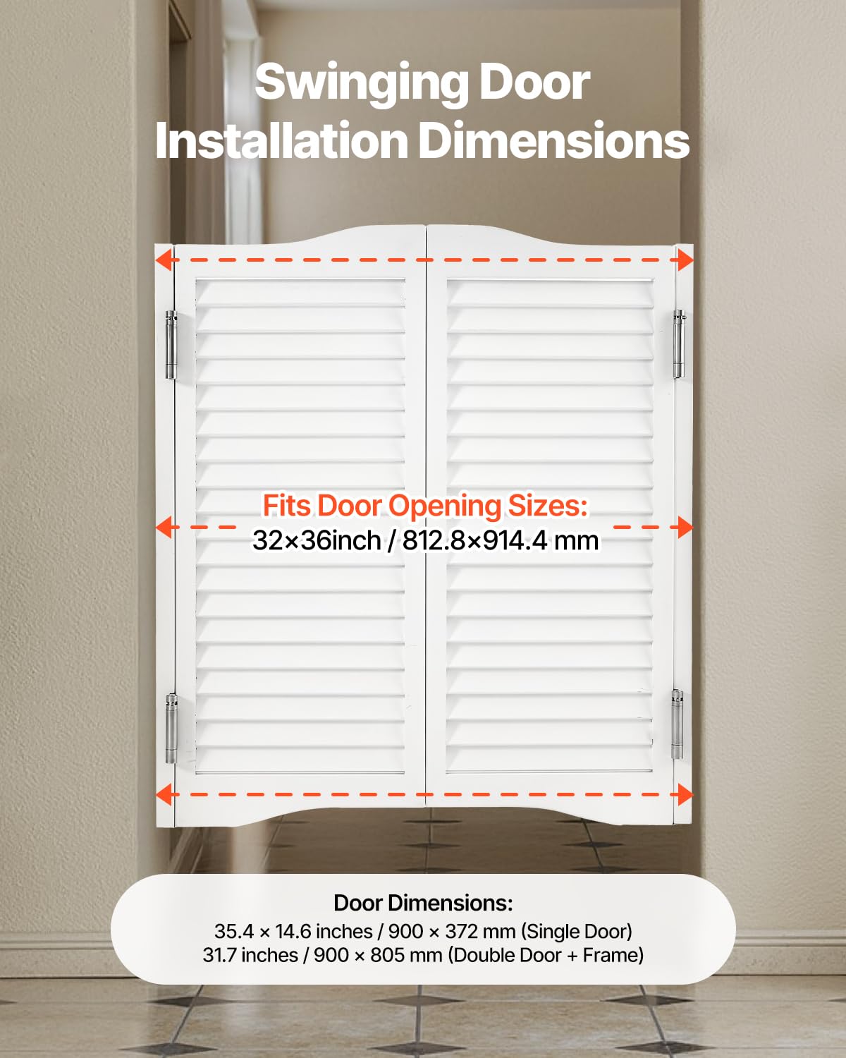 VEVOR - Puertas dobles de salón, 32 pulgadas de ancho x 36 pulgadas de alto, puertas de café con arco superior interior, madera de pino premium, con bisagras y kit de hardware, fácil de instalar, para