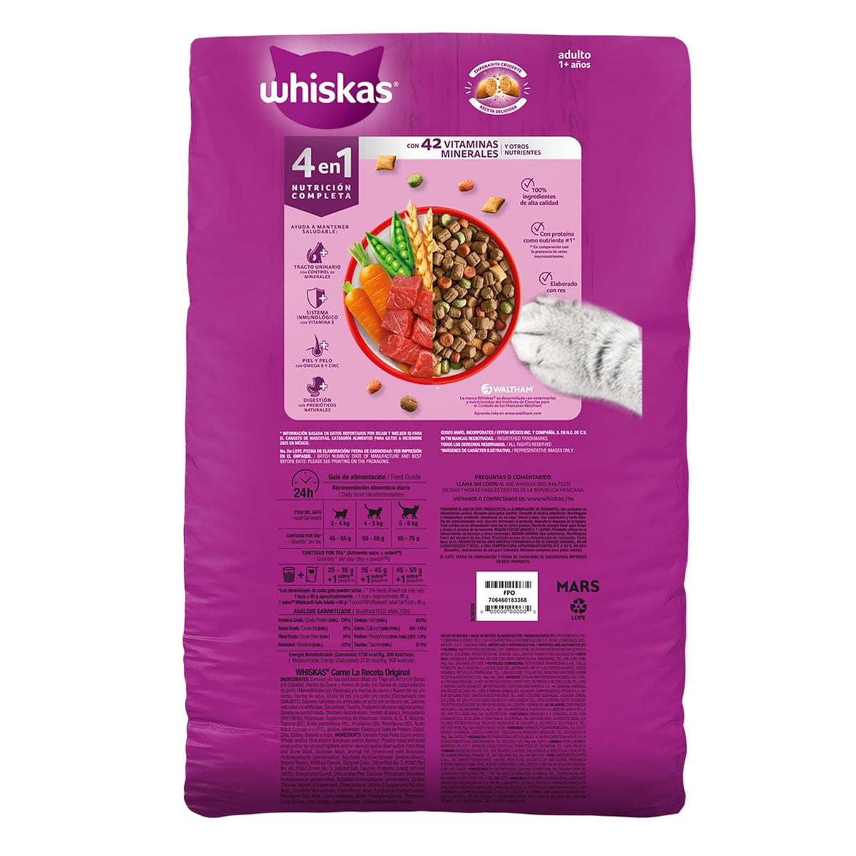 Whiskas Alimento Seco para Gatos Adultos 4 en 1, 100% Nutrición Completa y – Sabor Carne 9kg