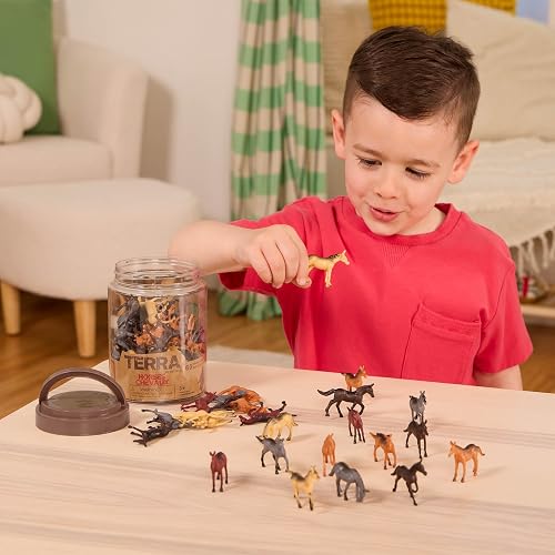 Terra by Battat Caballos en Tubo, Figuras de Caballos en Miniatura | Set de 60 caballos de juguete de plástico en distintas posturas, para dioramas o coleccionar, Caballos en tubo, 3 años y +