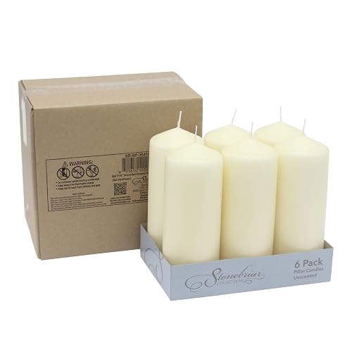 Stonebriar 6 Pack Tall 3 x 8 Inch 80 Hour Long Burning Unscented Ivory Wax Pillar Candles