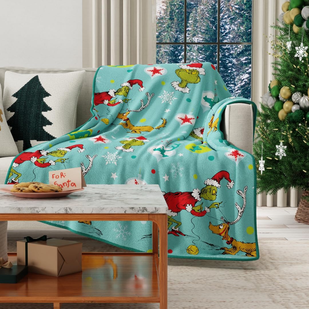 Franco Manta de Felpa Coleccionable con Personajes Licenciados - 40 in x 50 in - Planes Grinch - Grinchy
