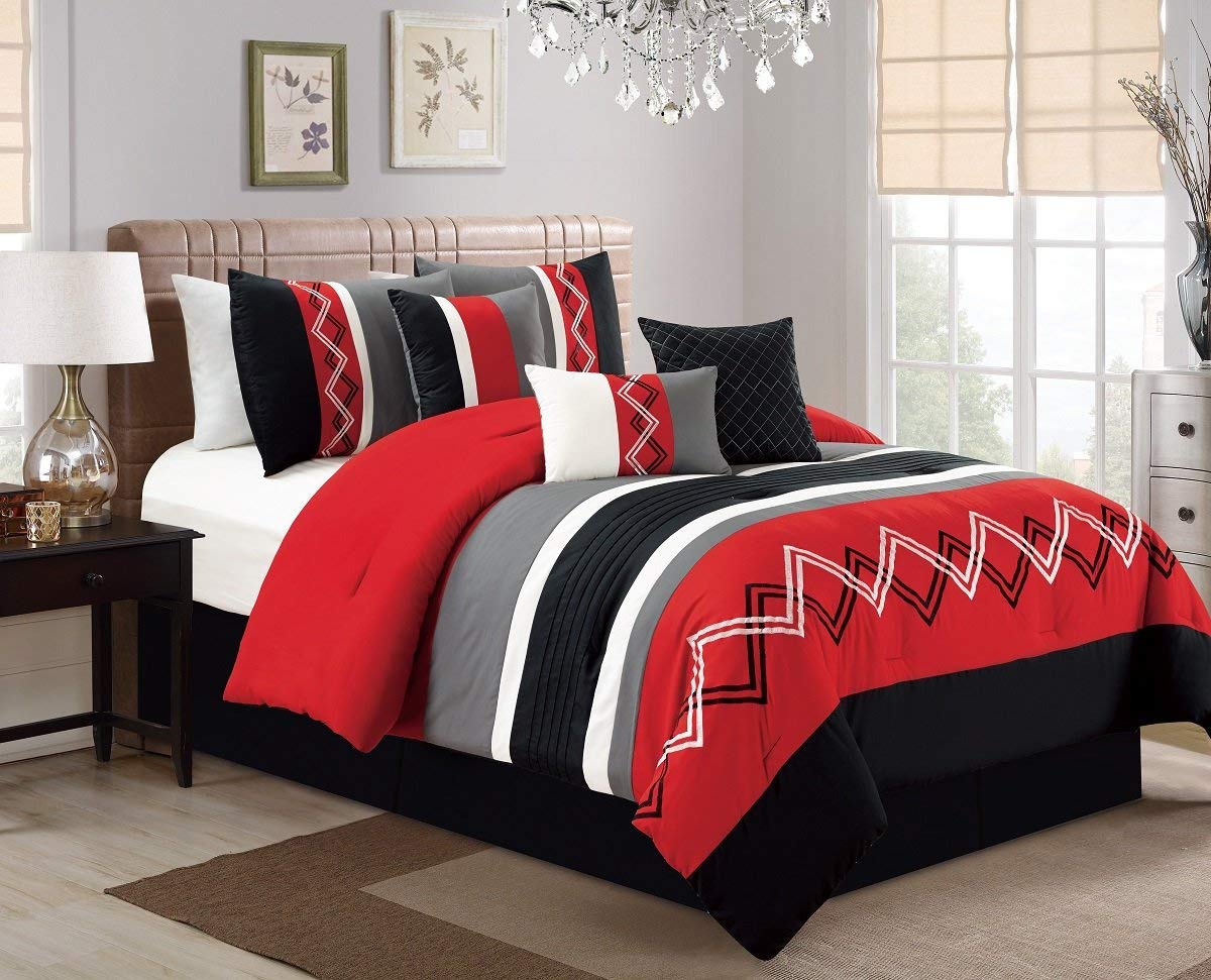 Chezmoi Collection Arden Juego de Edredón Moderno de 7 Piezas - California King - Rojo - Negro - Gris - Blancoro