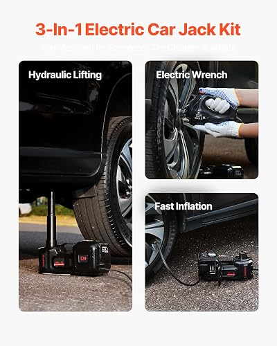 VEVOR Gato Eléctrico Portátil para Automóvil, 5 Toneladas, Gato de Tijera Eléctrico con Inflador Incorporado, 12 V con Llave de Impacto Eléctrica y Luz LED, para Sedán, SUV, Camión, 315 x 155 x 155 mm