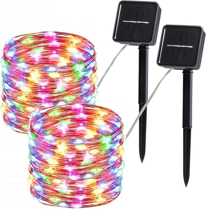 DOSYU 20M Cadena Luces Led Solares, 2 Pack 33FT 100 LED Guirnalda Navideñas Decorativas Cadena de Tira LED con 8 Modes de Iluminación Impermeable,para Jardín, Patio, Hogar,Fiesta de Navidad(WRGB)