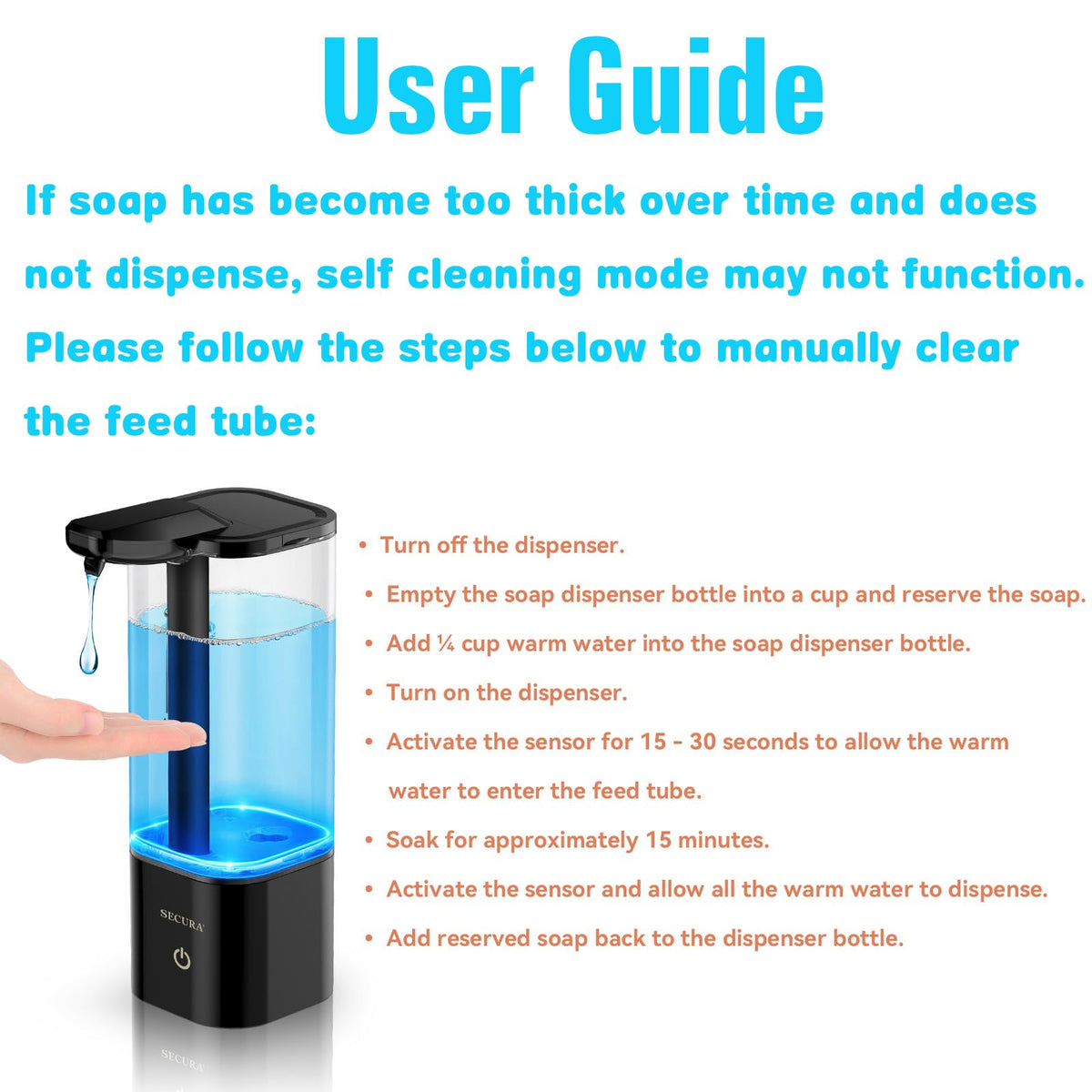 Secura 18.6 oz. Dispensador Automático de Jabón, Dispensador de Jabón Líquido sin Contacto con Temporizador de 25 Segundos, Ajuste de Volumen Controlado por Distancia de 3 Engranajes