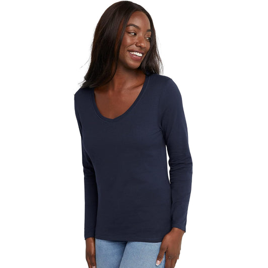 Hanes Playera de Manga Larga Cuello en V para Mujer - Azul marino (Hanes Navy) - CH