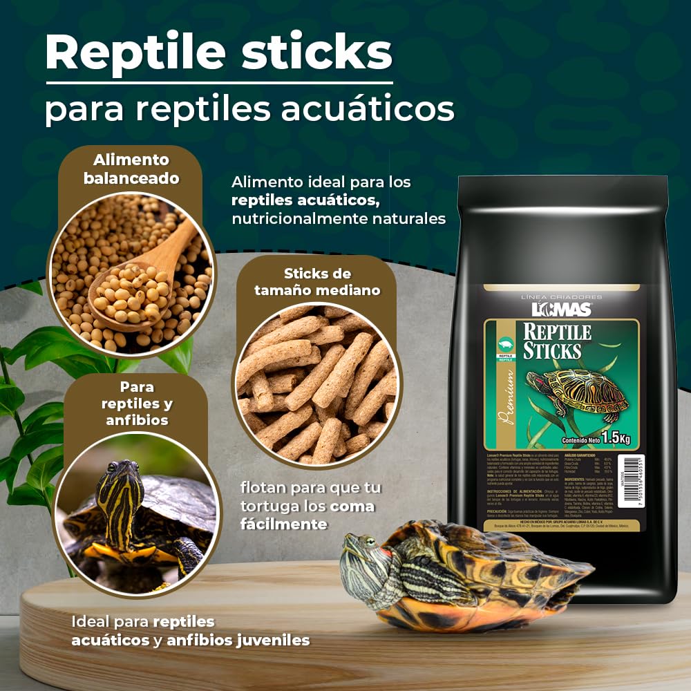 Lomas Alimento para Tortugas, Ranas y Tritones 1.5 kg, en Sticks para Reptiles Acuáticos y Anfibios, Vitaminas y Calcio para Desarrollo Saludable