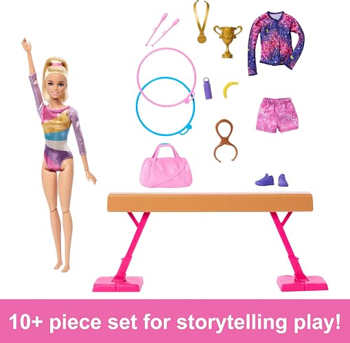 Barbie, Profesiones, Set de Juego Gimnasta, Muñeca con Cabello Rubio, para Niñas de 3 Años en Adelante, Mattel, Gimnasia, Viga de Equilibrio y más de 10 Piezas temáticas