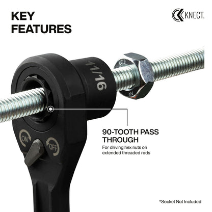 Klein Tools 65408ADP KNECT (M) - Juego de carraca y adaptador de enchufe de 3/8 pulgadas, llave de 90 dientes para varillas roscadas extendidas, agarre compacto y cómodo, compatibilidad de enchufe