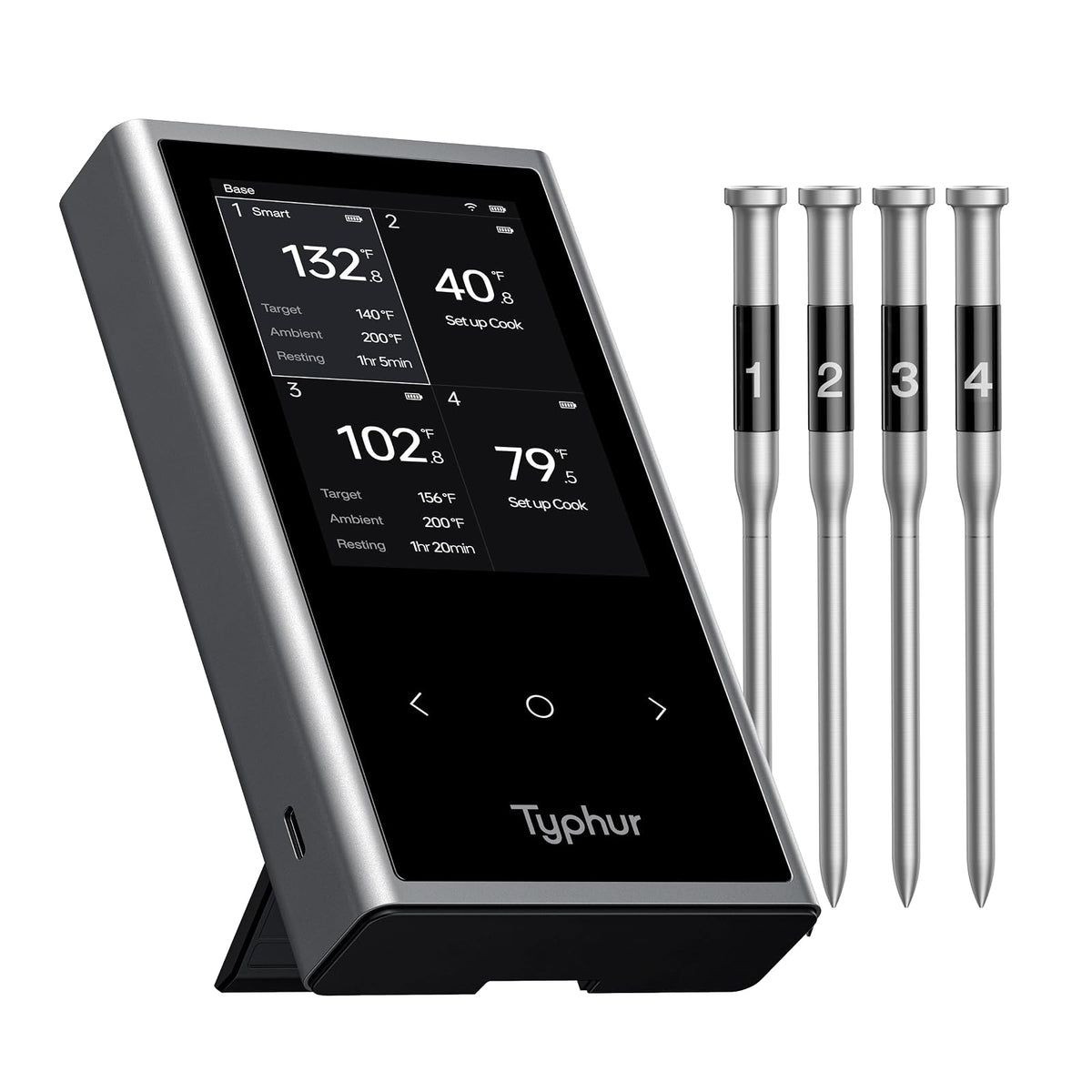 Typhur Sync - Termómetro inalámbrico para carne Quad Gen 2 | 4 sondas | 6 sensores | visualización LCD | WiFi y Bluetooth 5.3 | Estabilidad y alcance mejorados | IPX8 impermeable | para barbacoa