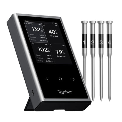 Typhur Sync - Termómetro inalámbrico para carne Quad Gen 2 | 4 sondas | 6 sensores | visualización LCD | WiFi y Bluetooth 5.3 | Estabilidad y alcance mejorados | IPX8 impermeable | para barbacoa