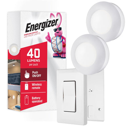 Energizer Switch LED Puck Light, 40 Lumens, 2 Pack, Battery Operated, Wireless, ON/Off, 50-Foot Range, Laundry Room, Garage, Closet, and More, 58822-T1, 1 Remote, White