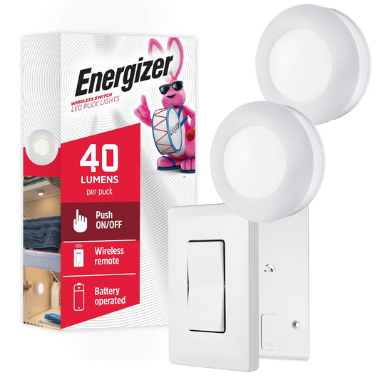 Energizer Switch LED Puck Light, 40 Lumens, 2 Pack, Battery Operated, Wireless, ON/Off, 50-Foot Range, Laundry Room, Garage, Closet, and More, 58822-T1, 1 Remote, White