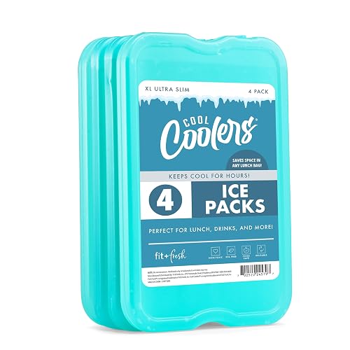 Cool Coolers by Fit & Fresh Paquete de 4 Paquetes de Hielo Delgados XL, Paquetes de Hielo Reutilizables para fiambreras o enfriadores, Color Verde